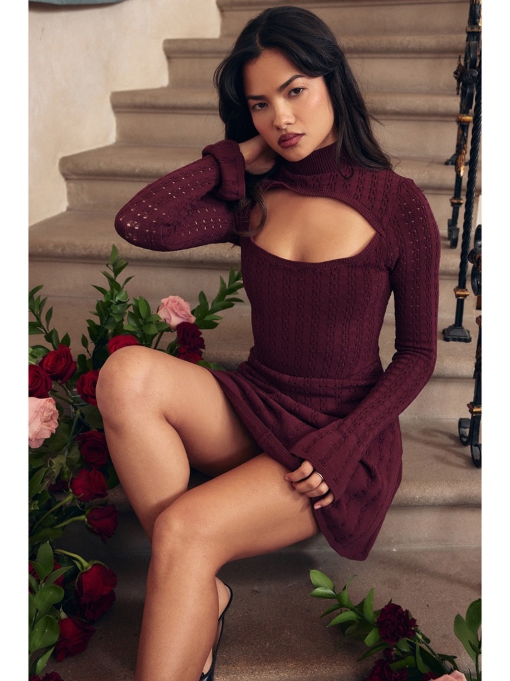 NEW House of CB Evalina Knit Dress Wine XS